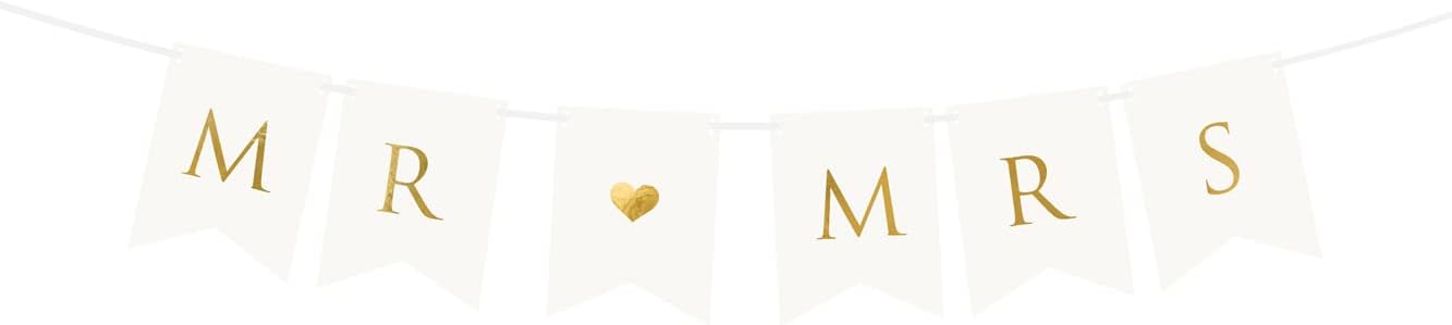 PartyDeco Girlande Mr and Mrs 15x85cm Banner mit Herz Papiergirlande Hochzeit Hochzeitsdeko weiß Gold
