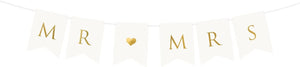PartyDeco Girlande Mr and Mrs 15x85cm Banner mit Herz Papiergirlande Hochzeit Hochzeitsdeko weiß Gold