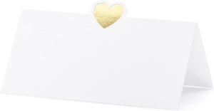 PartyDeco Tischkarten 10x5cm 10 Stück mit Herz Platzkarten Hochzeit Geburtstag Taufe blanko weiß Gold