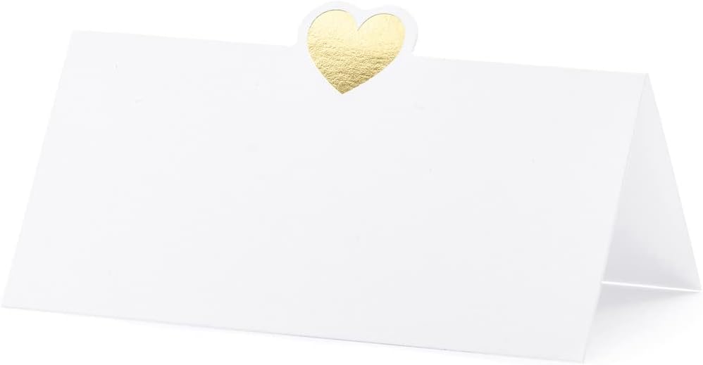 PartyDeco Tischkarten 10x5cm 10 Stück mit Herz Platzkarten Hochzeit Geburtstag Taufe blanko weiß Gold