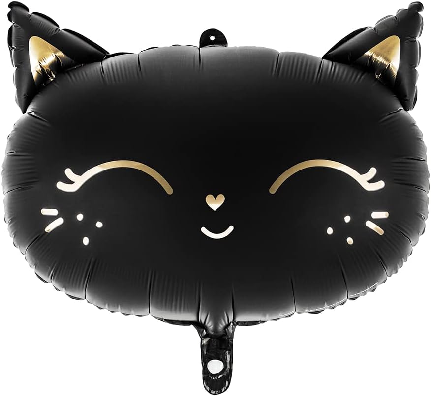 PartyDeco Folienballon Katze Schwarz – Lustiger Kätzchen Ballon aus Matter Folie mit goldfarbenen Akzenten, Maße ca. 48 x 36 cm, Perfekt für Geburtstagsfeiern, Tierliebhaber und besondere Anlässe