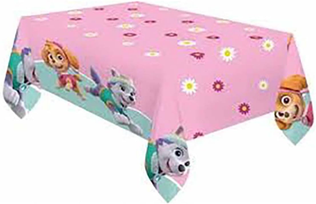 Procos 90278 - Tischdecke Paw Patrol, Skye & Everest, Größe 120 x 180 cm, Tischtuch aus Plastik, Helden auf vier Pfoten, Hunde, Party, Tischdekoration, abwischbar, Rosa, Grün