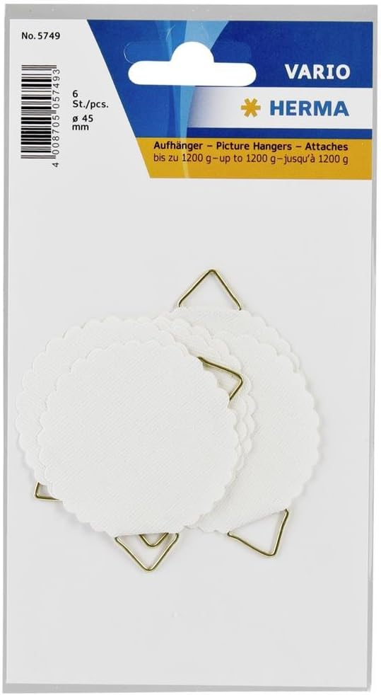 HERMA Bildaufhänger zum Kleben weiß groß, 6 Stück, Ø 55 mm, selbstklebend, Drahtseil Bildaufhängung ohne Bohren für die Wand, starke Papier Draht Aufhänger für Bilder Bilderrahmen bis 1200 g
