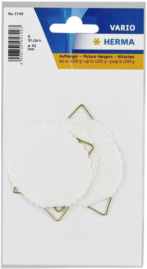 HERMA Bildaufhänger zum Kleben weiß groß, 6 Stück, Ø 55 mm, selbstklebend, Drahtseil Bildaufhängung ohne Bohren für die Wand, starke Papier Draht Aufhänger für Bilder Bilderrahmen bis 1200 g