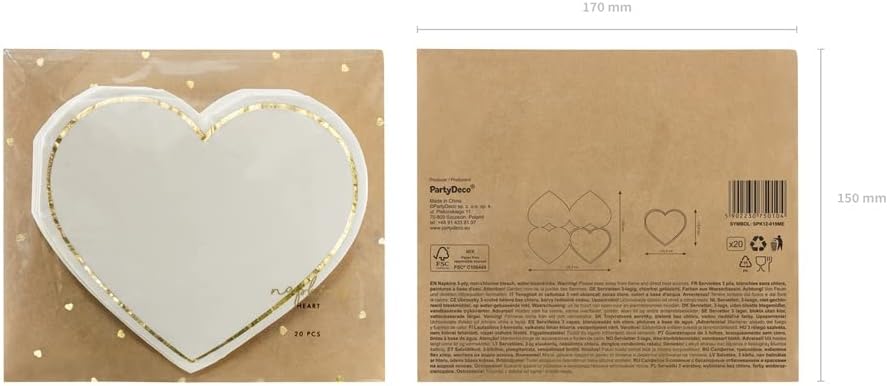 Servietten Herz 20 Stück 14x12cm 1/4-Falz 3-lagig Papierservietten Hochzeit Liebe weiß gold