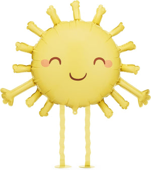 Laufender Folienballon Sonne mit Gesicht – Gelb – ca. 91 x 77 cm – Helium-Ballon mit Beinchen – süße Deko für Kindergeburtstag, Babyparty & Sommerparty