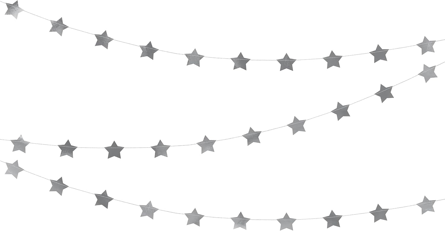 PartyDeco Girlande Sterne 3,6m Star Spangled Banner Silber Star Spangled Banner hängende Dekoration für Geburtstag Party Hochzeit Kommunion Party mit Kosmos Thema