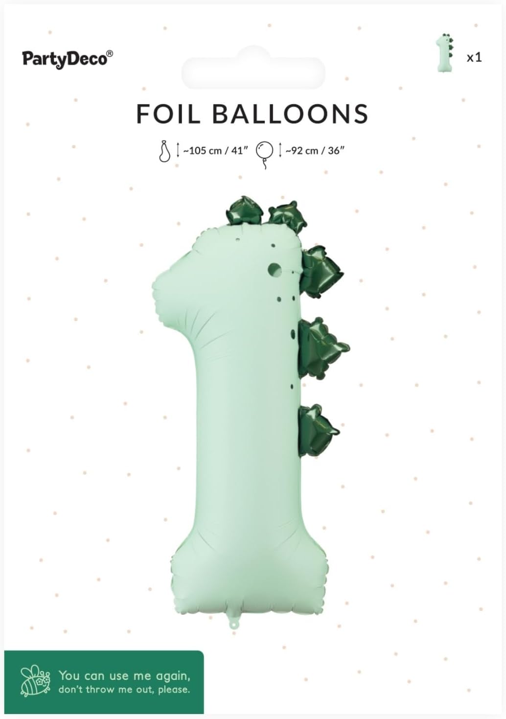 Folienballon Ziffer 1 Zahlenballon 92cm Dinosaurier - XXL Ballon für Helium oder Luft - großer Luftballon für Geburtstag Jubiläum Babyparty - Folienluftballon als Geburtstagsdeko Partydeko - Mintgrün