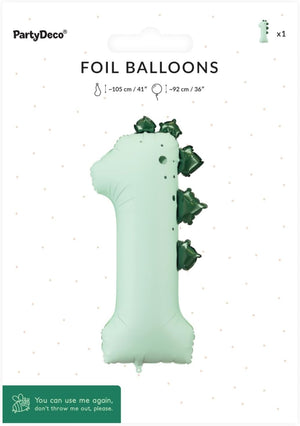 Folienballon Ziffer 1 Zahlenballon 92cm Dinosaurier - XXL Ballon für Helium oder Luft - großer Luftballon für Geburtstag Jubiläum Babyparty - Folienluftballon als Geburtstagsdeko Partydeko - Mintgrün