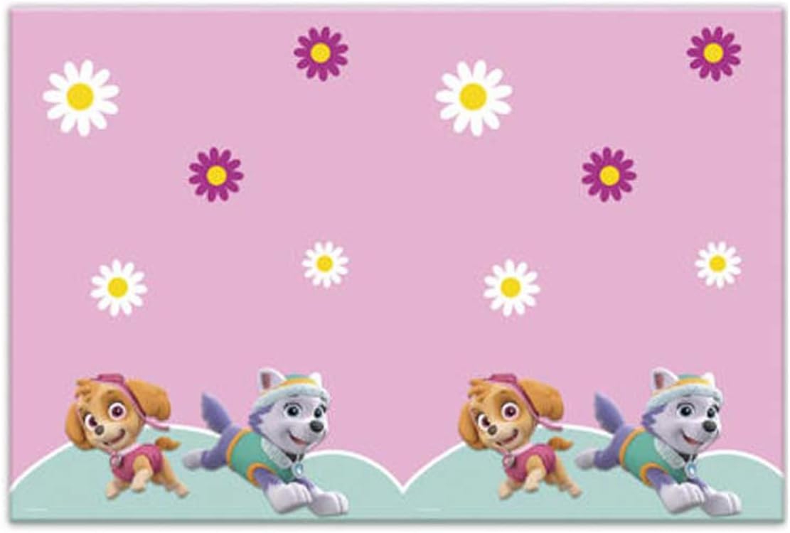 Procos 90278 - Tischdecke Paw Patrol, Skye & Everest, Größe 120 x 180 cm, Tischtuch aus Plastik, Helden auf vier Pfoten, Hunde, Party, Tischdekoration, abwischbar, Rosa, Grün