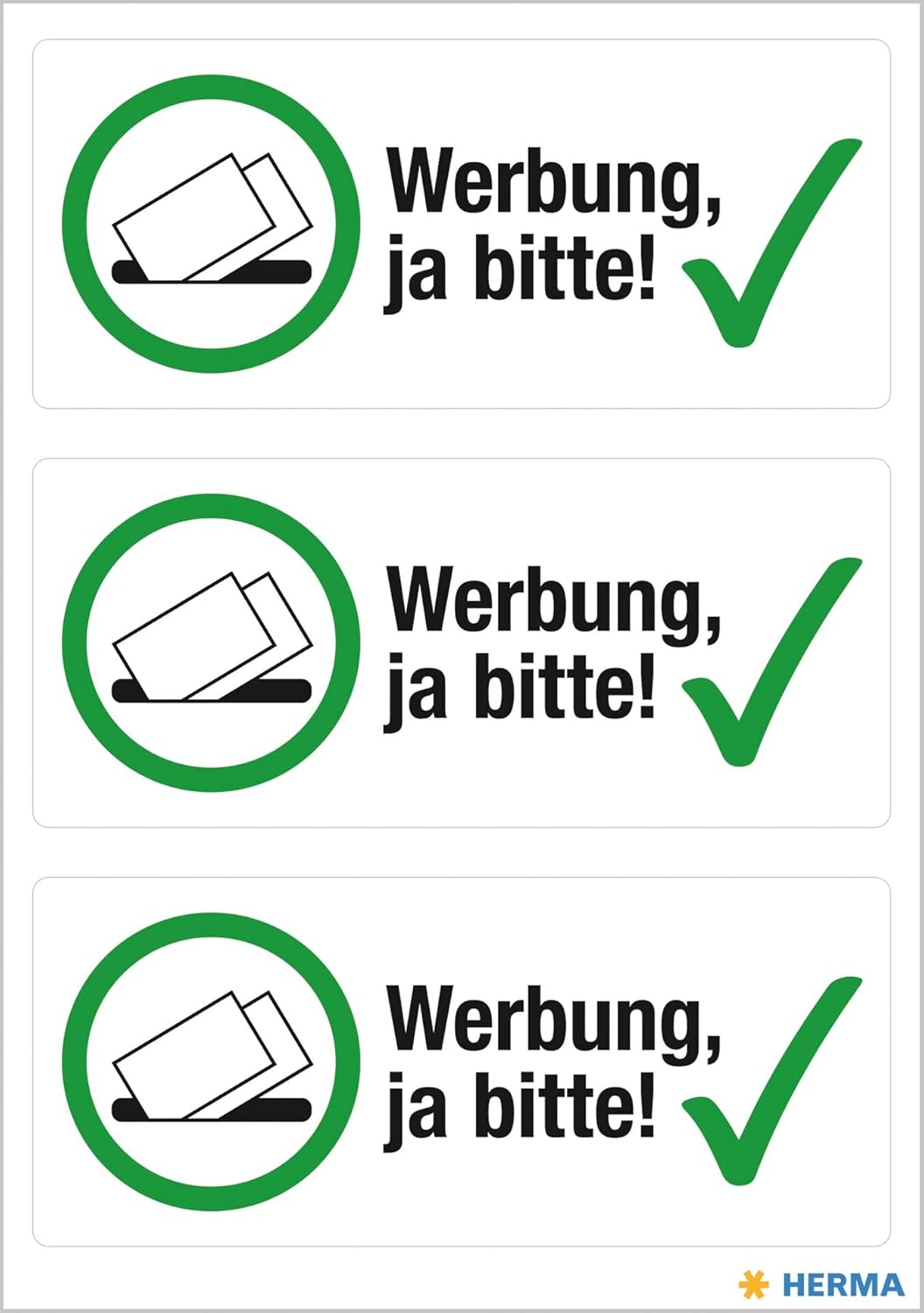 HERMA 15457 Werbung ja bitte Aufkleber wetterfest, 3 Stück, 79 x 34 mm, selbstklebend, groß, kostenlose Zeitungen und Reklame im Briefkasten erwünscht Etiketten Schild aus langlebiger Folie, weiß