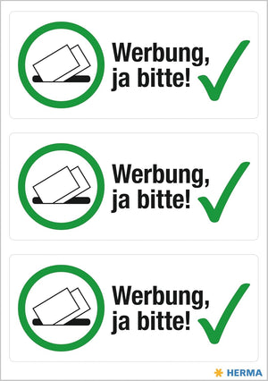 HERMA 15457 Werbung ja bitte Aufkleber wetterfest, 3 Stück, 79 x 34 mm, selbstklebend, groß, kostenlose Zeitungen und Reklame im Briefkasten erwünscht Etiketten Schild aus langlebiger Folie, weiß