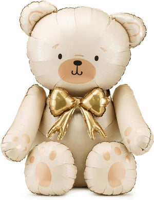 Folienballon Bär – 84 cm – Creme mit goldener Schleife – Luftfüllung – Stehender Ballon für Baby Shower & Kinderpartys