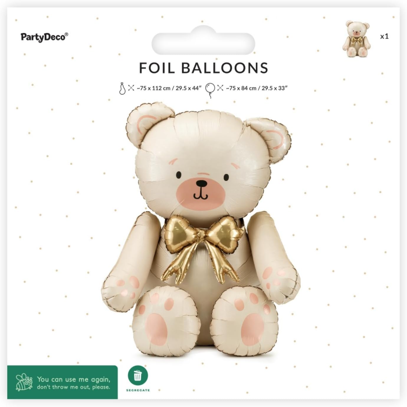 Folienballon Bär – 84 cm – Creme mit goldener Schleife – Luftfüllung – Stehender Ballon für Baby Shower & Kinderpartys
