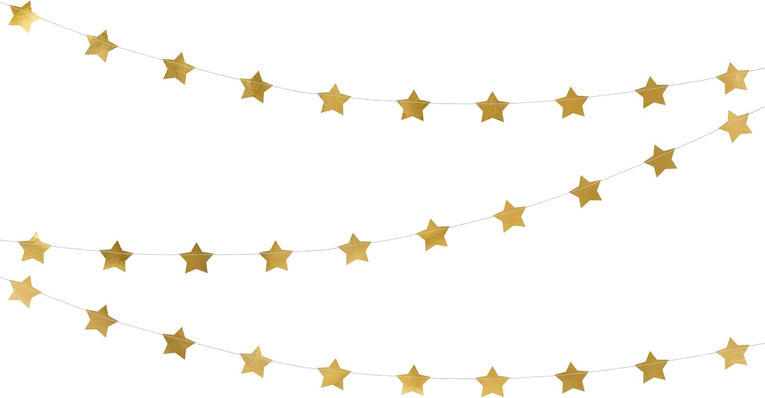 PartyDeco Girlande mit Goldsternen-Goldene Sterne Anhänger-Goldene Spiegelfolie Maße: 3,6 m Weihnachten Silvester Hochzeit Geburtstag Dekoration Hintergrund Vorhang
