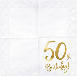 Servietten 50. Geburtstag 33x33 cm 3-lagig 20 Stück Papierservietten Servierten für Geburtstag und Party weiß Gold Bedruckt