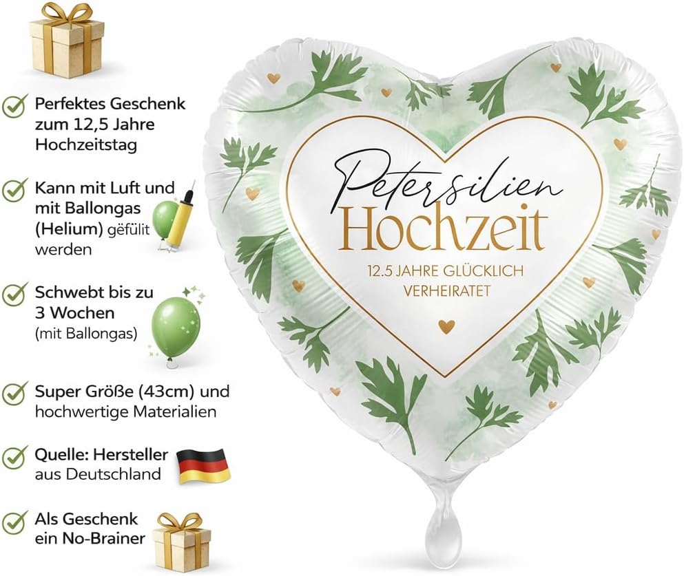 Herz-Folienballon * PETERSILIEN HOCHZEIT * als Deko und Geschenk zum 12,5 Jahre Hochzeit | Größe: 43cm | Partydeko Luftballon Ballon Petersilienhochzeit