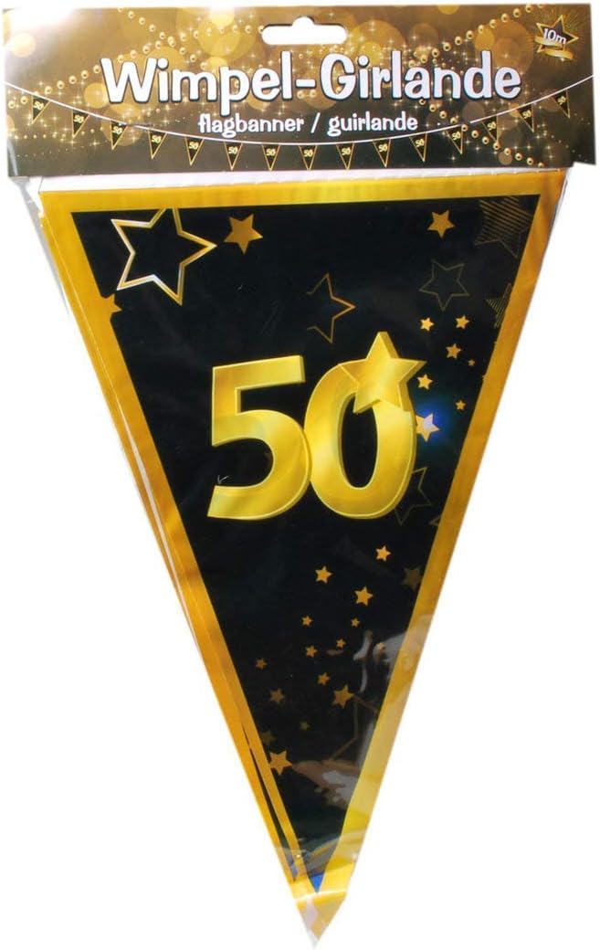 Udo Schmidt GmbH & Co Wimpelgirlande 50" Schwarz Gold zum 50.Geburtstag Party Dekoration Geburtstags Deko, 15 Wimpel