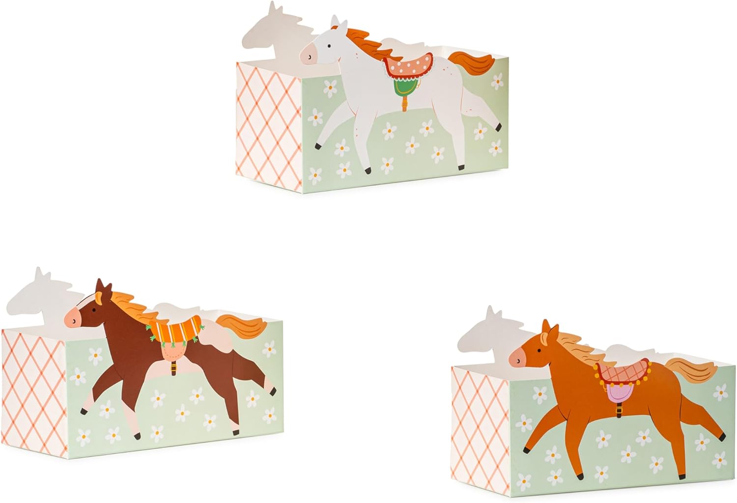 Snackbox Kinder 17x11x7cm 3er Set - Fingerfood Schalen mit Pferde Motiv - Candy Bar & Salty Bar Boxen für Süßigkeiten und Party Snacks - Kindergeburtstag Deko & Partyzubehör - Grün Braun