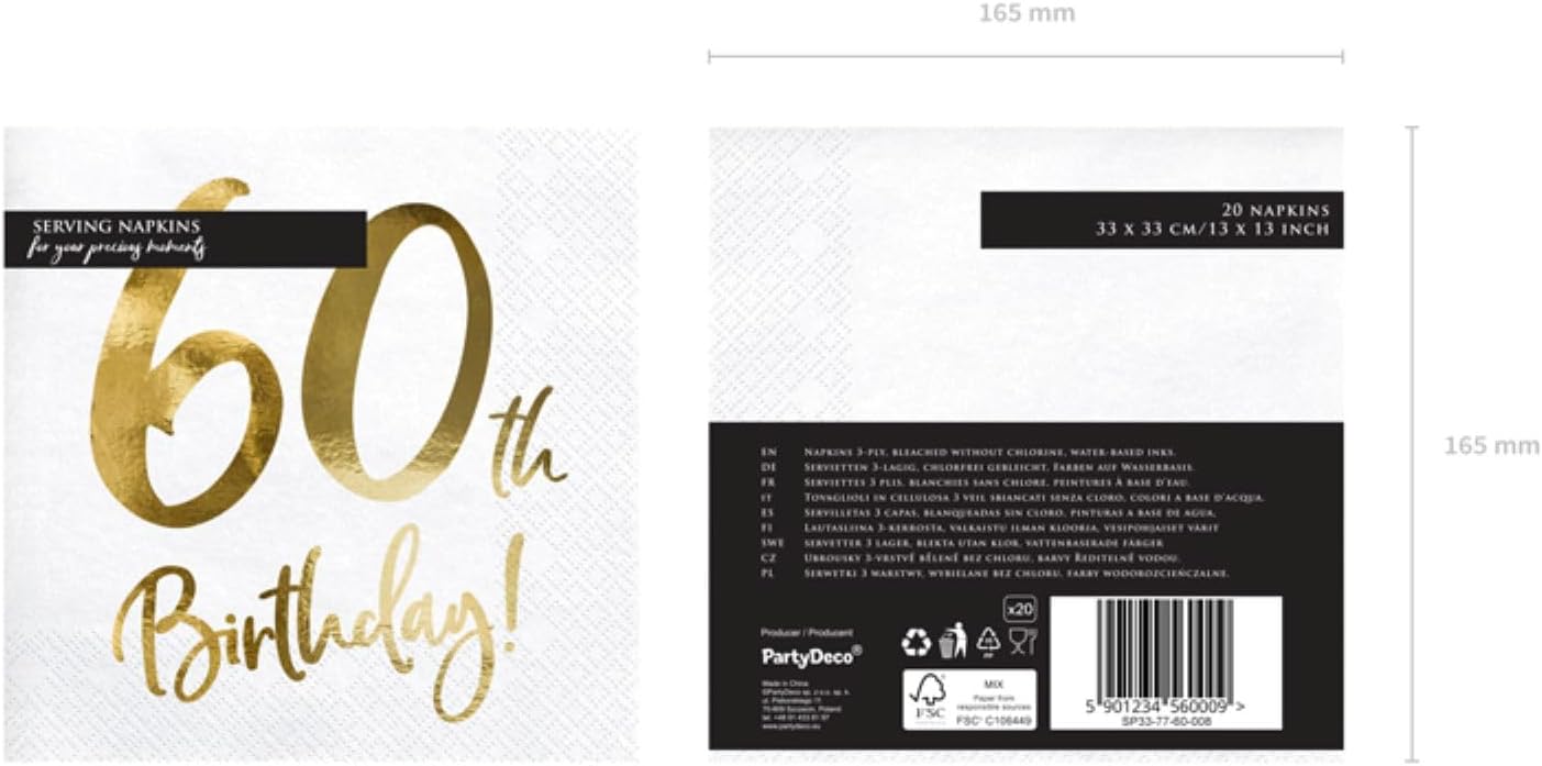 PartyDeco Servietten Birthday Gold 60th. 33x33cm/20St.