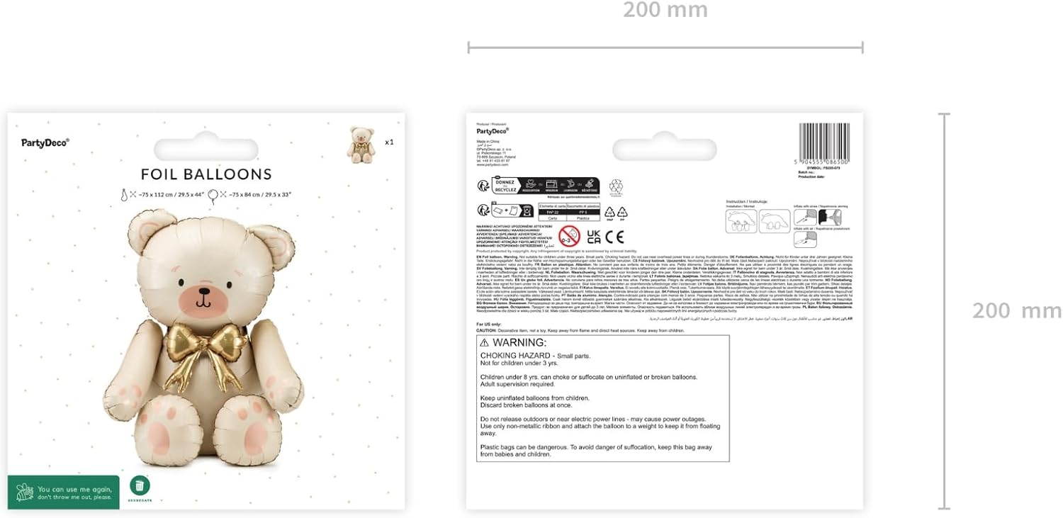 Folienballon Bär – 84 cm – Creme mit goldener Schleife – Luftfüllung – Stehender Ballon für Baby Shower & Kinderpartys