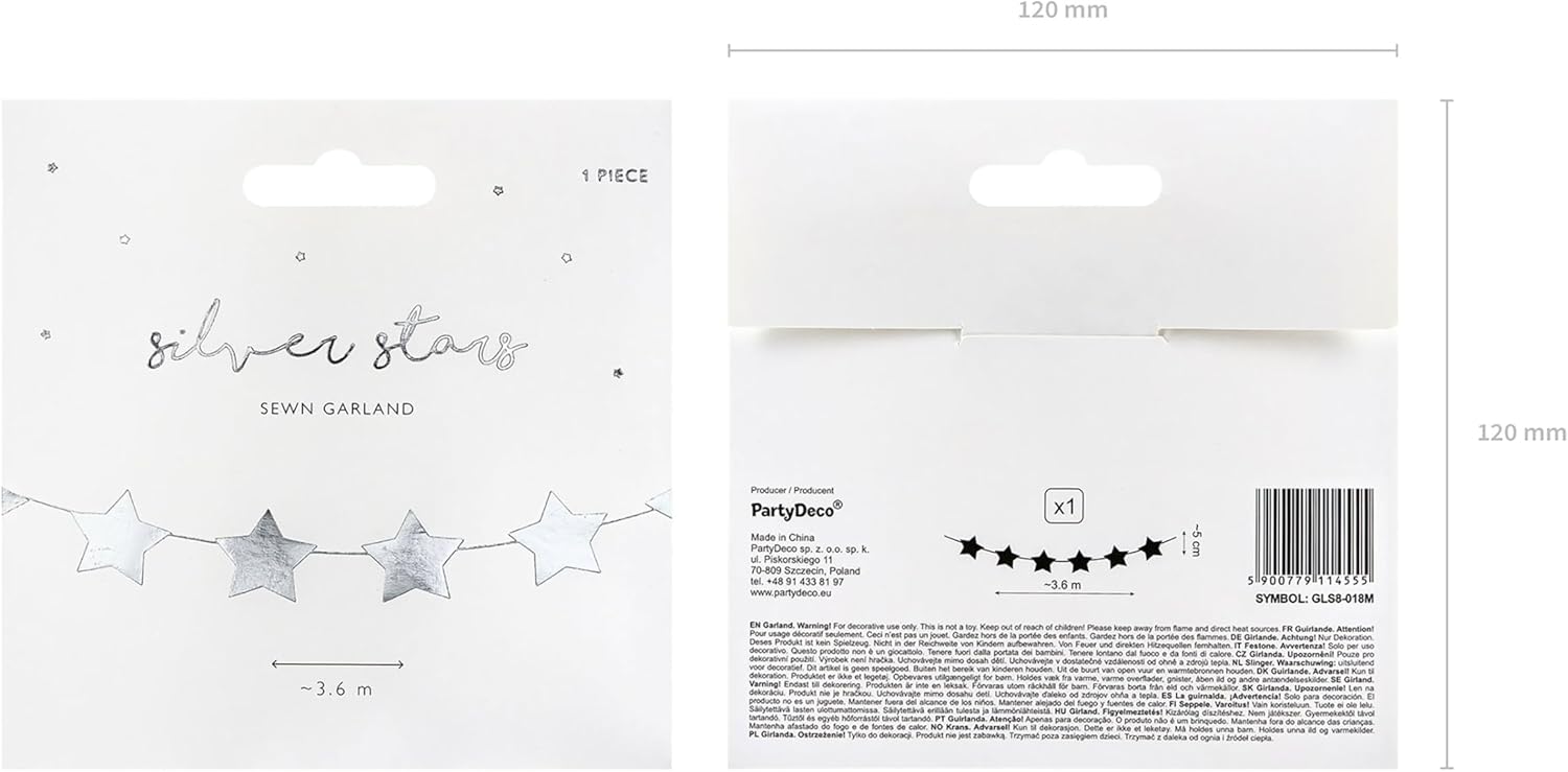 PartyDeco Girlande Sterne 3,6m Star Spangled Banner Silber Star Spangled Banner hängende Dekoration für Geburtstag Party Hochzeit Kommunion Party mit Kosmos Thema