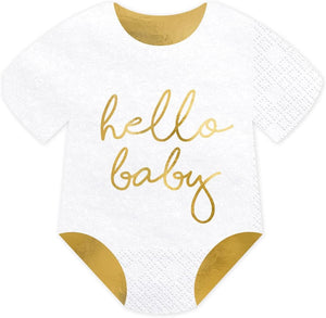 Servietten Hello Baby Strampler 32,5x31,5 cm 3-lagig 20 Stück Papierservietten Servierten für Geburt und Babyparty weiß gold bedruckt