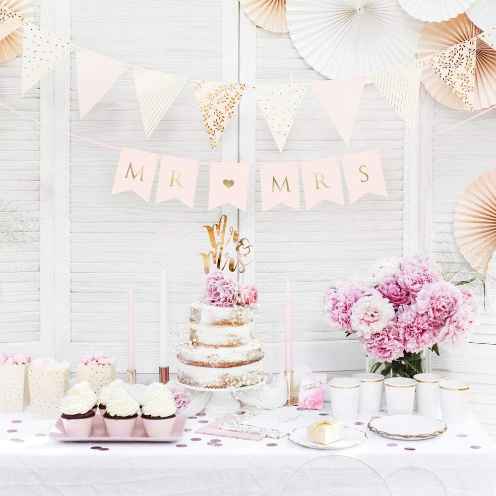 PartyDeco Mr & Mrs Hochzeit Girlande Banner rosa weiß Gold, Farbe: Rosa