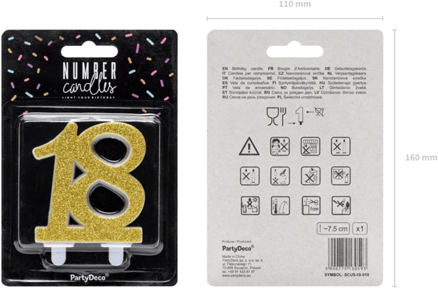 Kerze 18 Jahre 18. cmpleanno Gold Glitter 7,5 cm