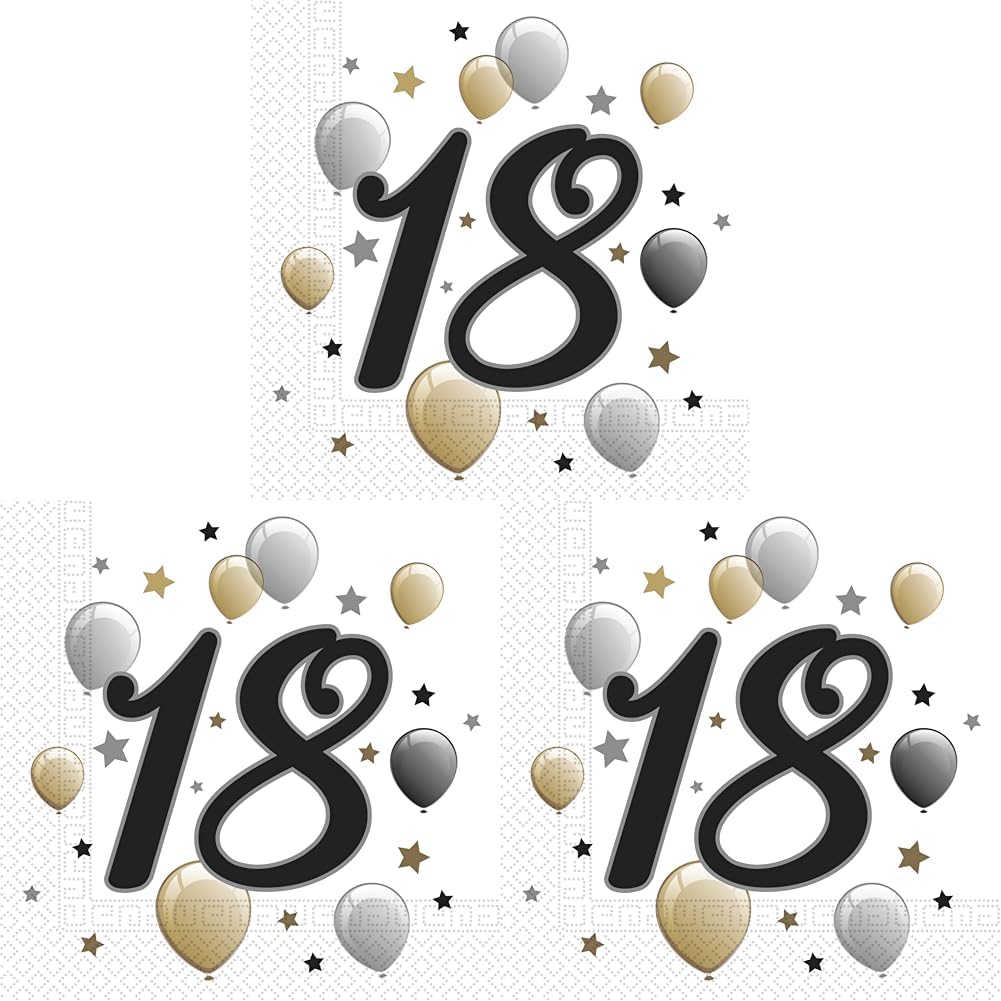 Procos 88864 - Servietten Happy Birthday, Milestone 18, 33x33cm, 20 Stück, Ballonmotiv, 18er Geburtstag, Papierservietten mit Motiv, Tischdekoration, Mundtuch, Geburtstag, Luftballons, Ballons