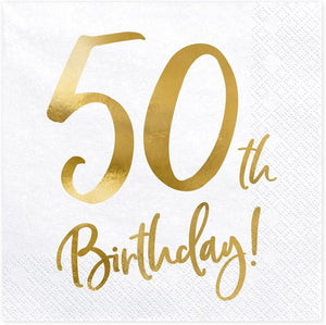 Servietten 50. Geburtstag 33x33 cm 3-lagig 20 Stück Papierservietten Servierten für Geburtstag und Party weiß Gold Bedruckt