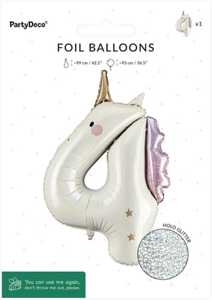Folienballon Einhorn Ziffer 4-93cm - Luftballon für Helium oder Luft - Kunststoffballon für Kindergeburtstag Kinderparty Babyfeier - Ballon für Feste - Weiß Gold Pink