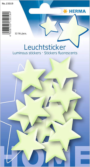 HERMA 15019 Leuchtsterne Kinderzimmer klein mini, 12 Stück, selbstklebend, leuchtende Sterne Aufkleber Wandsticker, Leuchtsticker aus Plastik zur Sternenhimmel Dekoration für Kinder Mädchen Jungen