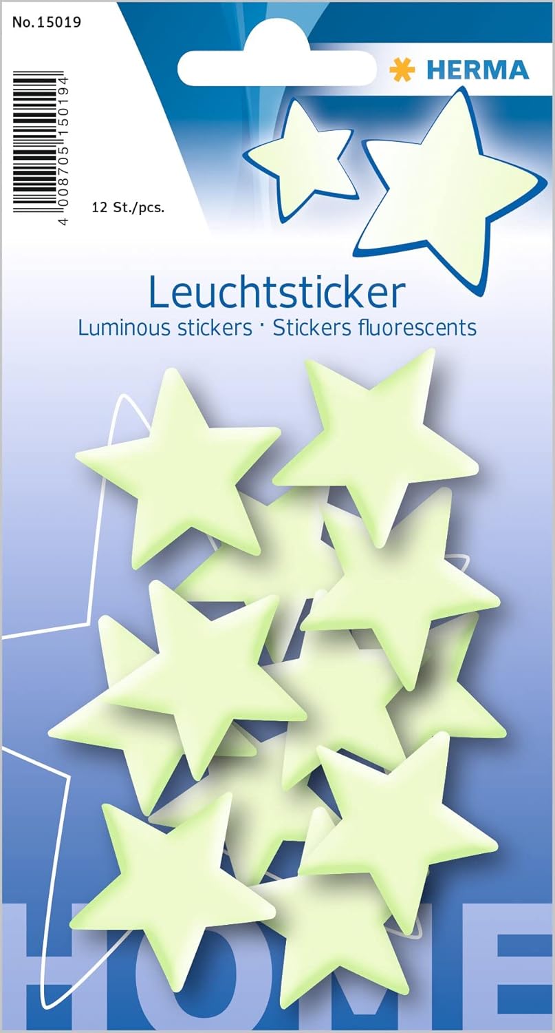 HERMA 15019 Leuchtsterne Kinderzimmer klein mini, 12 Stück, selbstklebend, leuchtende Sterne Aufkleber Wandsticker, Leuchtsticker aus Plastik zur Sternenhimmel Dekoration für Kinder Mädchen Jungen