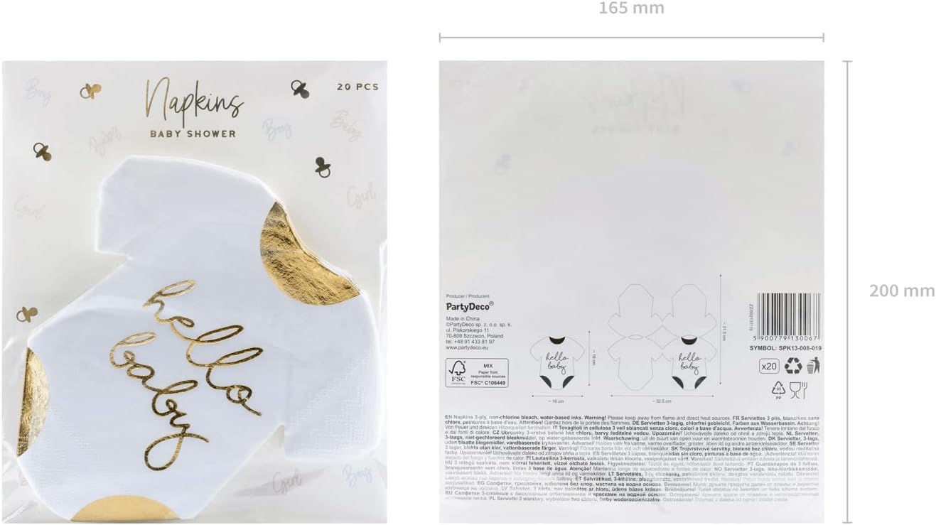 Servietten Hello Baby Strampler 32,5x31,5 cm 3-lagig 20 Stück Papierservietten Servierten für Geburt und Babyparty weiß gold bedruckt
