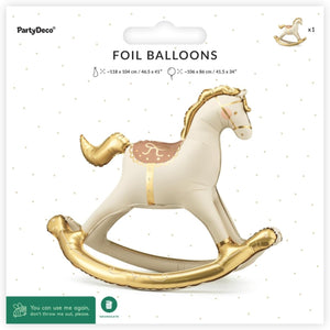 Großer stehender Folienballon Schaukelpferd, 118x104 cm, edles Design in creme und gold, perfekt für Baby Showers, Geburtstagsfeiern, und besondere Anlässe - zum Befüllen mit Luft, inklusive Strohhalm