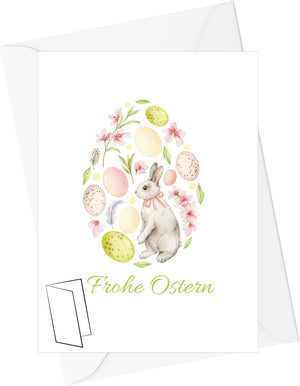 Grußkarten Ostern mit Umschlag | Hochwertige Klappkarte Osterkarte | Ideale Größe DIN A6 | 120g | Made in EU (Hase mit rundem Ei)