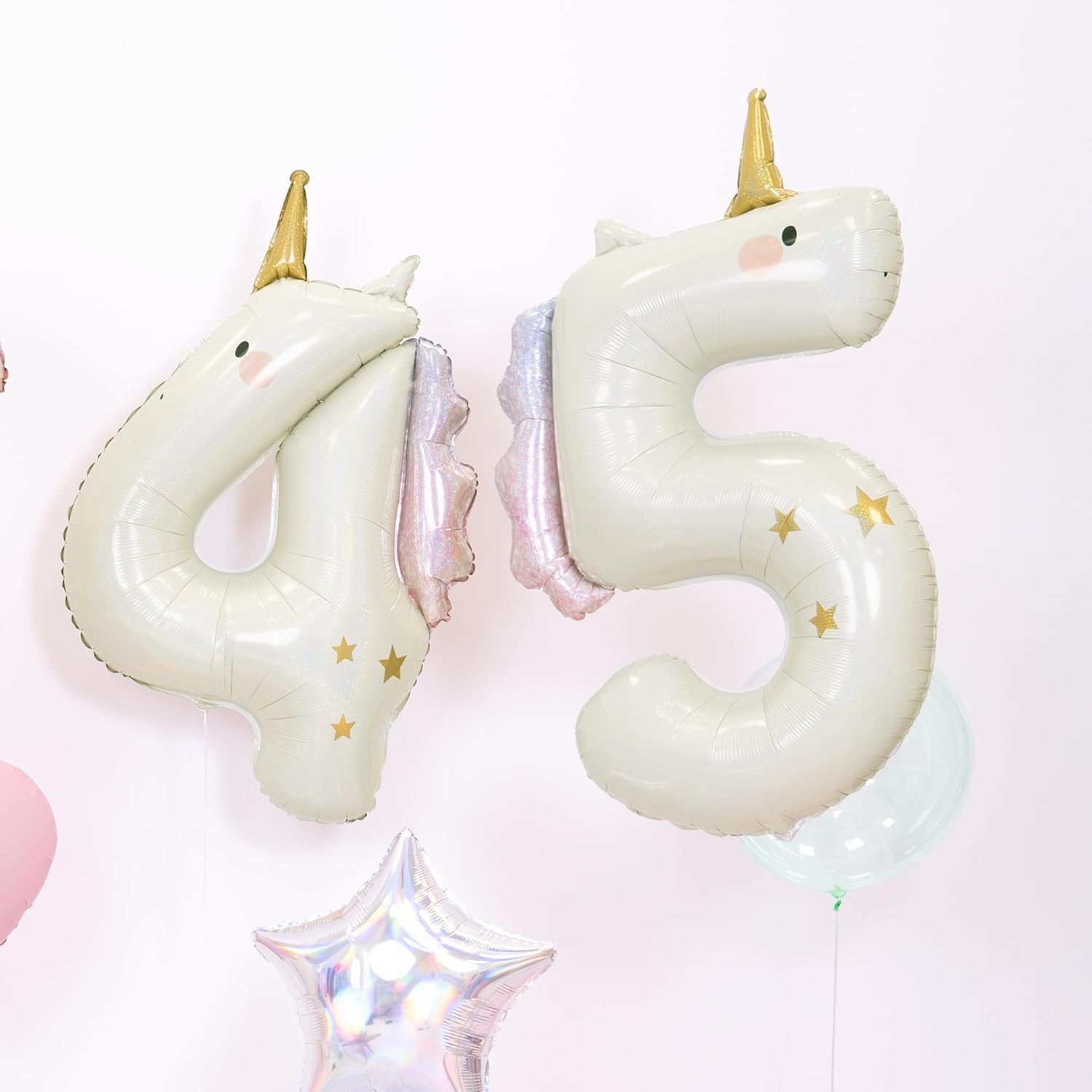 Folienballon Einhorn Ziffer 4-93cm - Luftballon für Helium oder Luft - Kunststoffballon für Kindergeburtstag Kinderparty Babyfeier - Ballon für Feste - Weiß Gold Pink