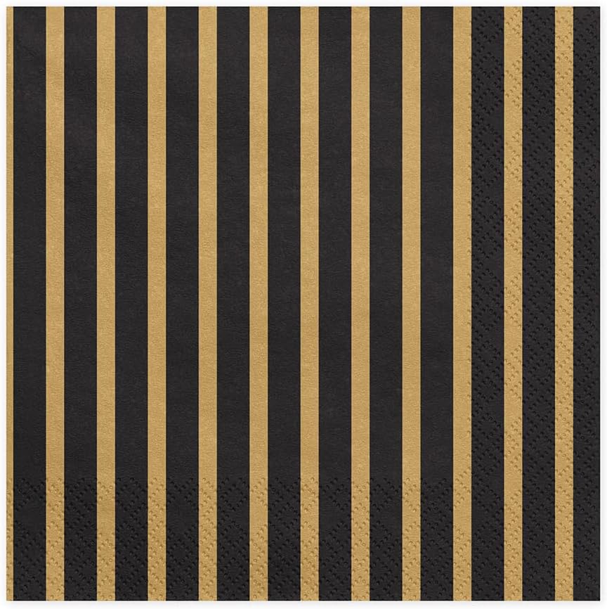 PartyDeco Servietten Streifen 20 Stück 33x33cm 1/4-Falz 3-lagig Papierservietten Geburtstag schwarz Gold