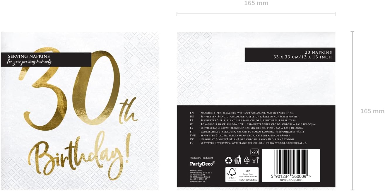 PartyDeco Servietten Birthday Gold 30th. 33x33cm/20St.