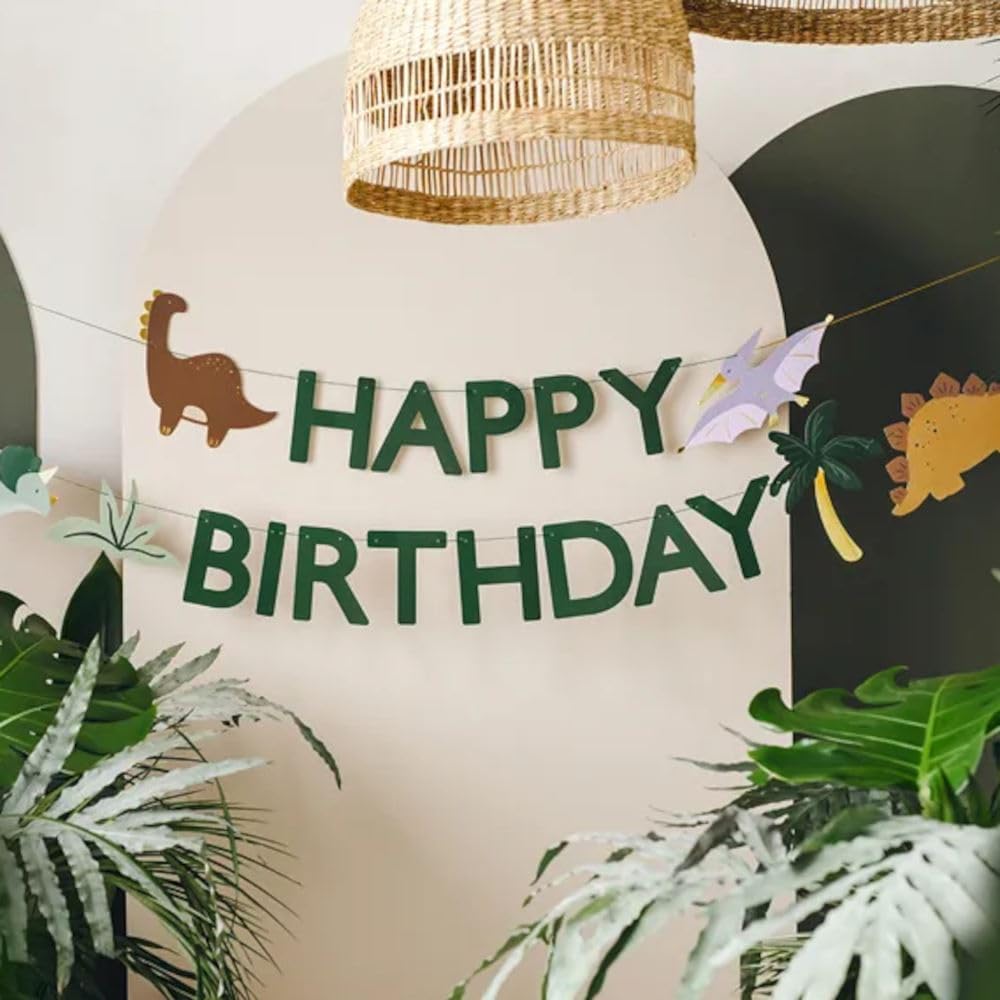 PartyDeco Happy Birthday Girlande 11x450cm - Banner mit Dinosaurier Motiv - Deko Kindergeburtstag Geburtstag - Grün