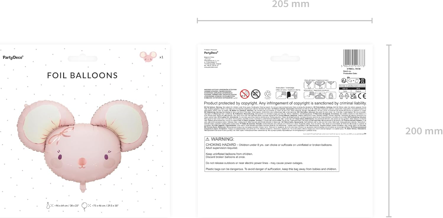 PartyDeco Folienballon Maus 75x46cm - XXL Ballon für Helium oder Luft - Luftballon zur Geburt Babyparty Baby Shower Mädchen Geburtstag - Folienluftballon als Geburtstagsdeko - Hellrosa