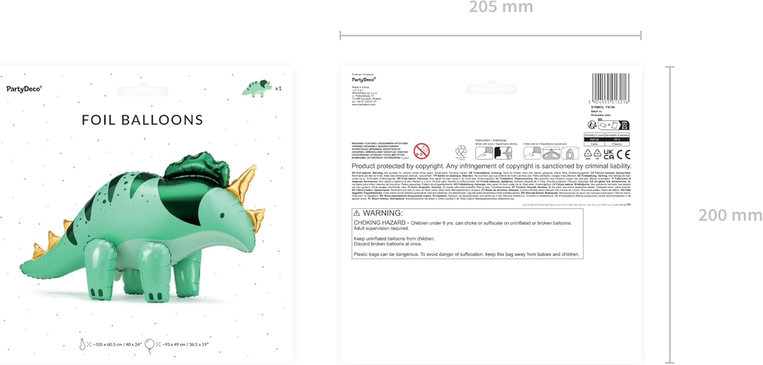 Folienballon Dinosaurier Triceratops 93x49cm - XXL Ballon für Helium oder Luft - Luftballon für Dinoparty Kindergeburtstag - Dino Folienluftballon als Geburtstagsdeko Partydeko - Grün