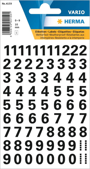 HERMA 4159 Zahlen Aufkleber schwarz 0-9, 71 Stück, Schriftgröße 10 mm, selbstklebend, wetterfest, klein, Nummer Ziffer Klebezahlen Sticker Hausnummern aus Folie zum Aufkleben, transparent
