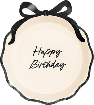 Pappteller Happy Birthday 24cm mit Schleife 6er Set - Partyteller Einwegteller plastikfrei - Partygeschirr Geburtstag - Partydeko Tischdeko & Partyzubehör - Ivory Schwarz