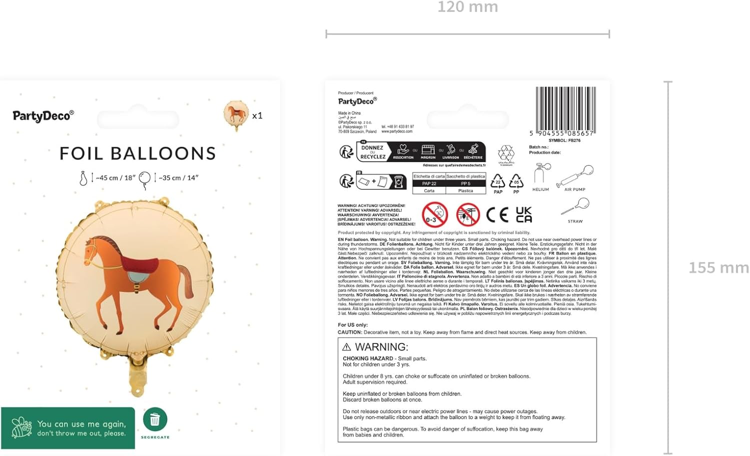 Runder Folienballon Pferd – Farbmix – 45 cm – Luft & Helium – Wiederverwendbar