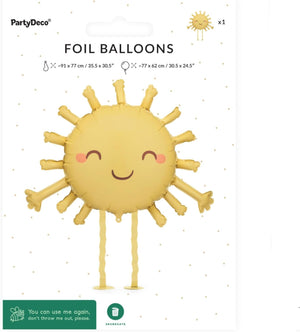 Laufender Folienballon Sonne mit Gesicht – Gelb – ca. 91 x 77 cm – Helium-Ballon mit Beinchen – süße Deko für Kindergeburtstag, Babyparty & Sommerparty