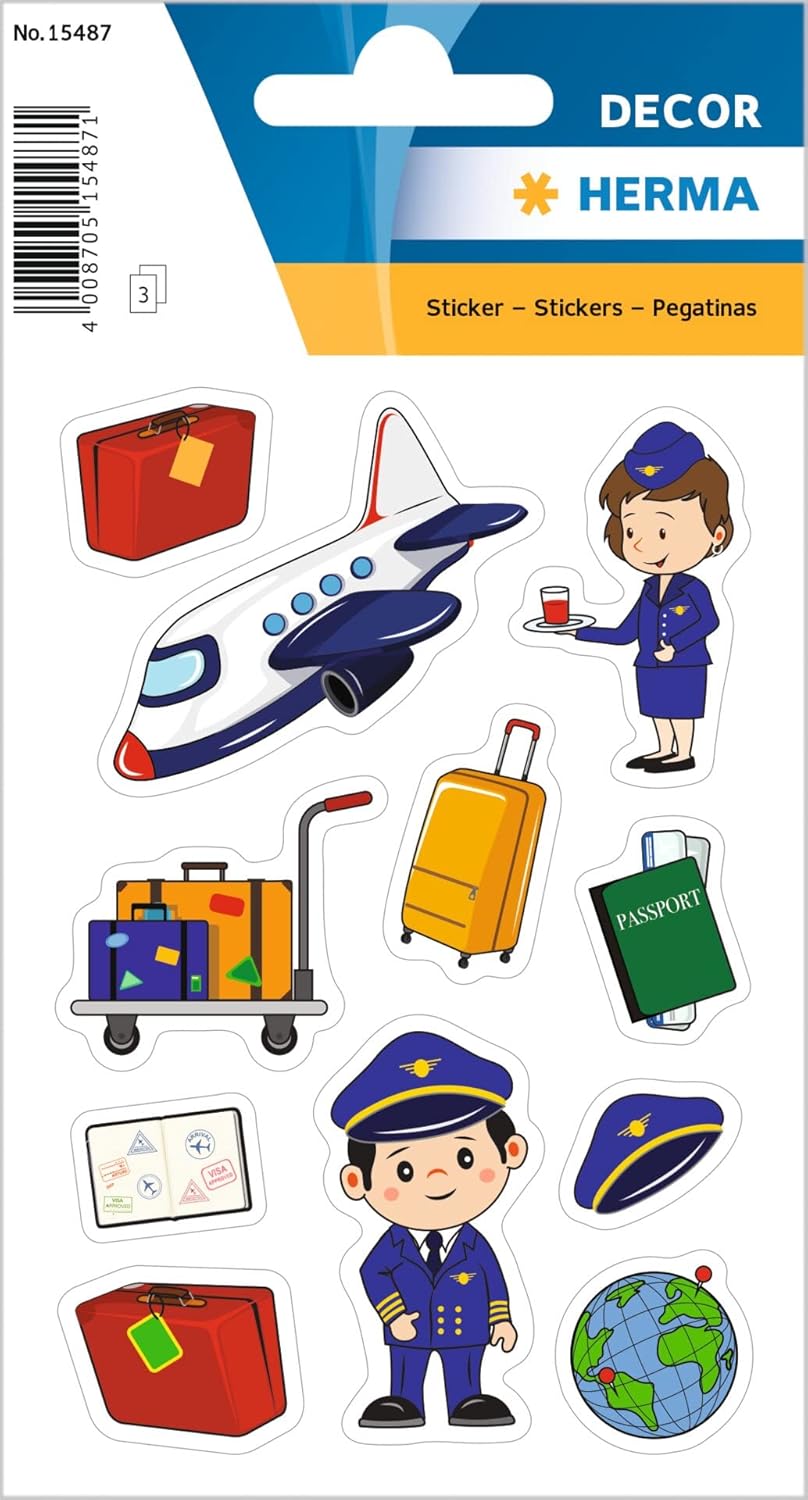 HERMA 15487 Aufkleber Pilot klein groß, 33 Stück, Berufe Sticker mit Flugzeug Koffer Motiv, Kinder Etiketten für Fotoalbum Tagebuch Poesiealbum Scrapbooking Geburtstag Dekoration Briefe DIY Basteln