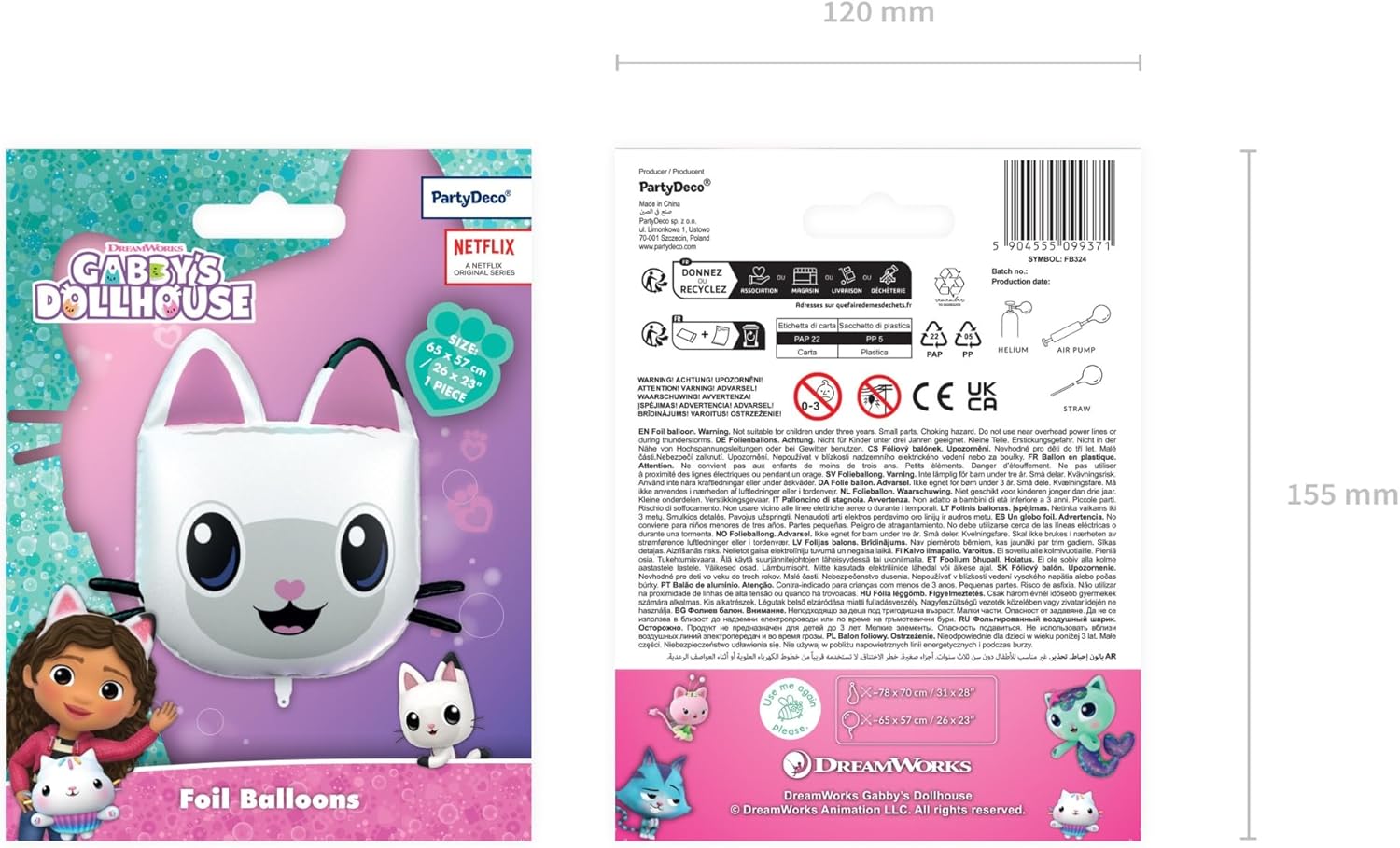 Folienballon Panda Pfötchen 65x57cm Gabby's Dollhouse - Ballon für Helium oder Luft - Kindergeburtstag Partydeko - Pandy Paws Folienluftballon Geburtstagsdeko - Weiß Schwarz