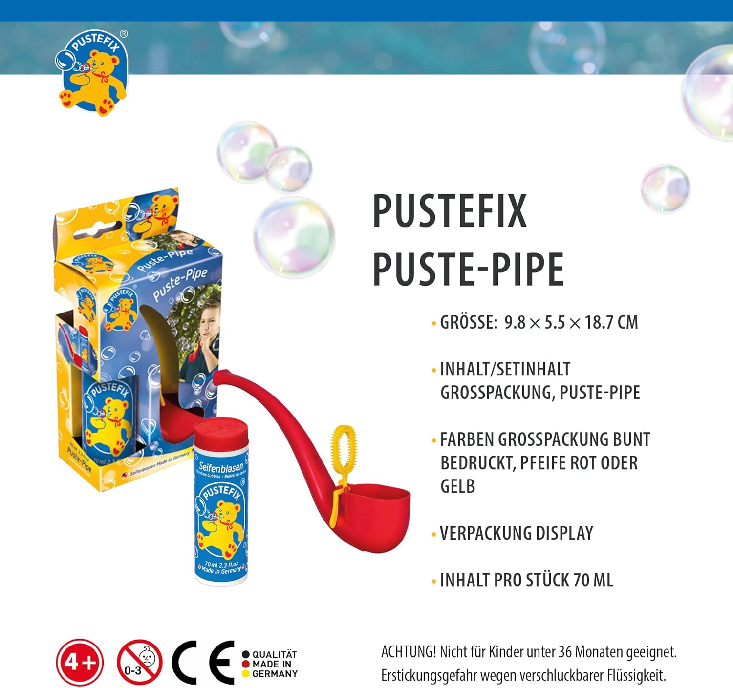 PUSTEFIX Puste-Pipe I 70 ml Seifenblasenwasser I Bunte Bubbles Made in Germany I Seifenblasen Spielzeug für Kindergeburtstag, Polterabend, Sommerparty & Hochzeit I Pfeife für Kinder & Erwachsene